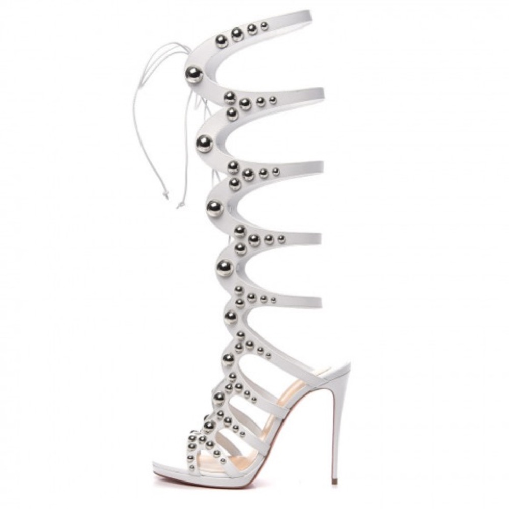 Christian Louboutin Amazoutiful 120 Lace Up Sandals Latte/Sliver - Picture 3 of 8